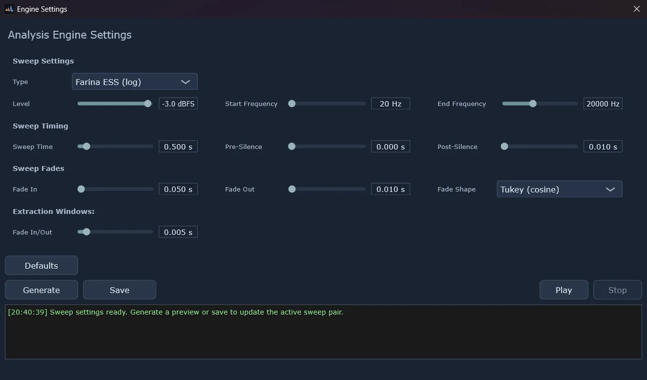 Engine Settings: every measurement parameter in one place.