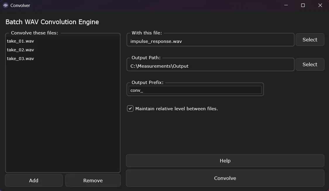 Input files, impulse response and output settings in one window.